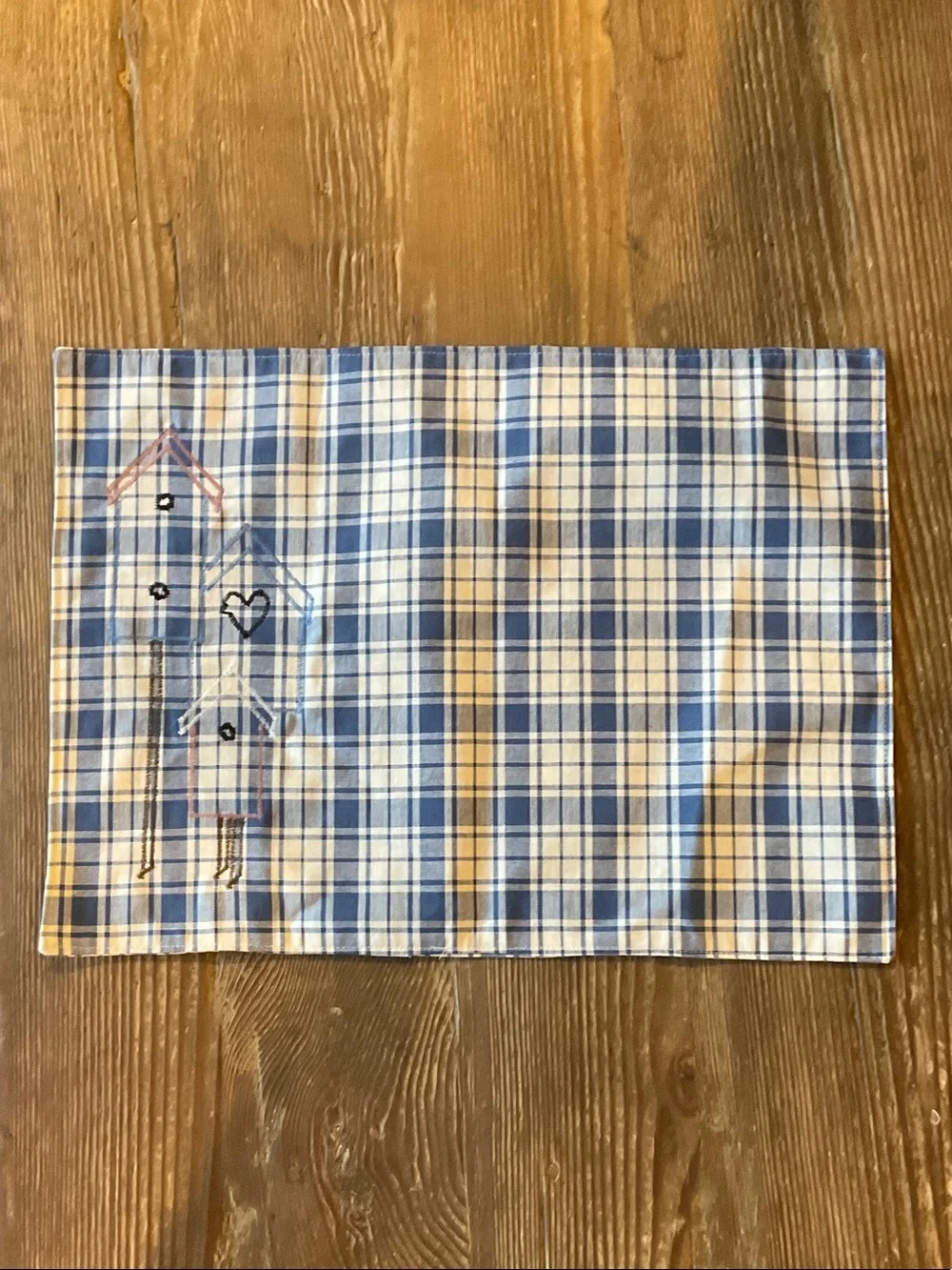 Handmade Blue Plaid Cotton Placemat with Birdhouse Appliqué Accents - set of 2